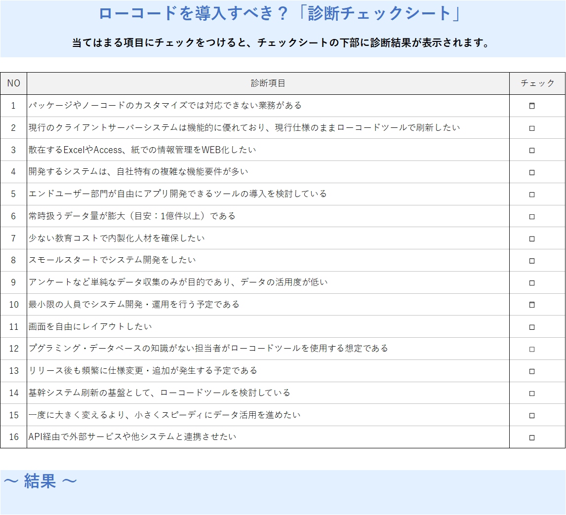 ローコードを導入すべき？「診断チェックシート」